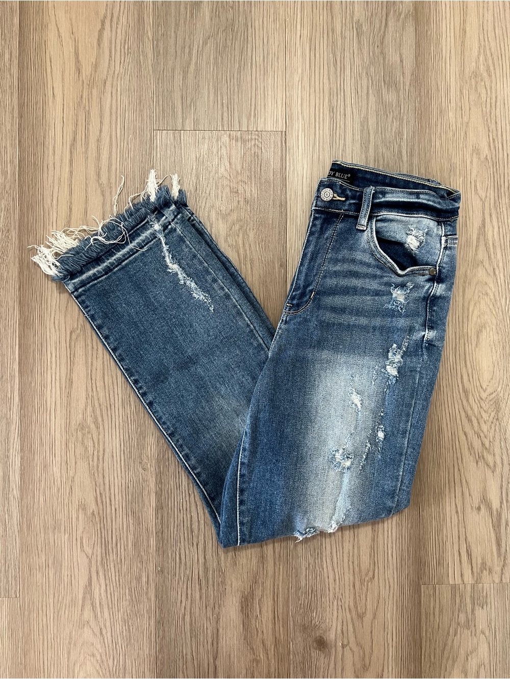 Judy Blue Straight Fit Distressed Jeans Size 3/26 Raw Hem Medium Wash